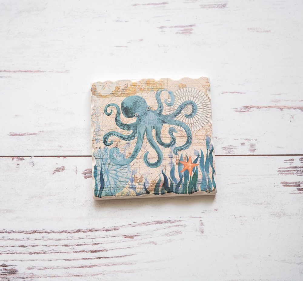 CounterArt & Highland Home Nautical Ocean Life Octopus coaster on a white rustic wood background