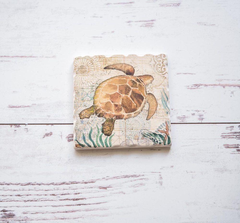 CounterArt & Highland Home Nautical Ocean Life Sea Turtle coaster on a white rustic wood background