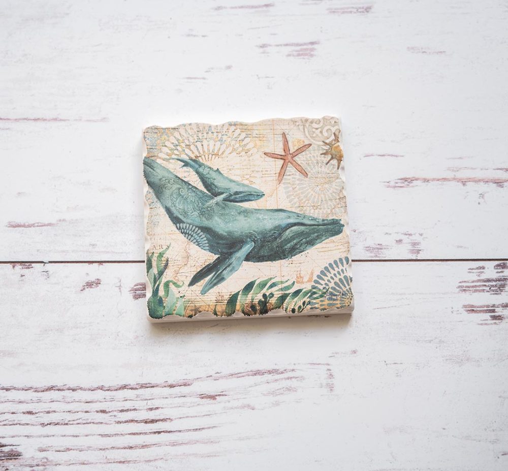 CounterArt & Highland Home Nautical Ocean Life Whale & Calf coaster on a white rustic wood background