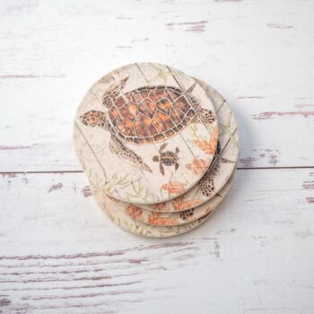 CounterArt & Highland Home Shoreline Shells coaster set of 4 stacked with mom turtle and baby turtle