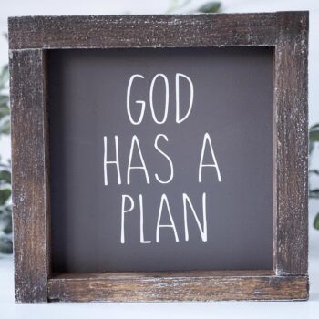 Joshua Jar God Has a Plan wood sign against a white backdrop and greenery