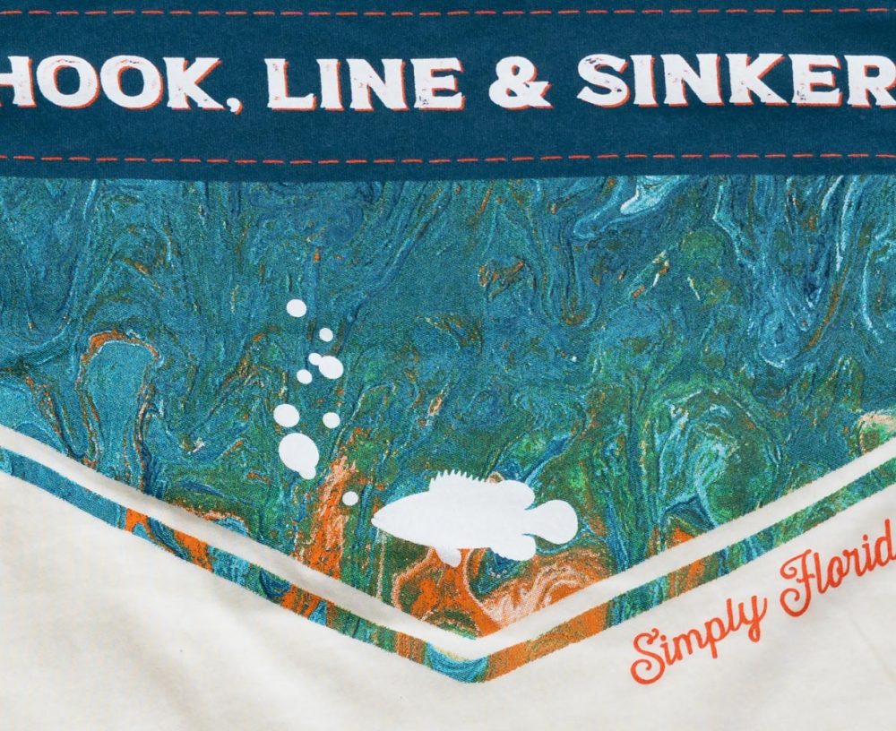 Close Up View of the Back Graphic on the Back View of the Front View of the Simply Florida Hook,Line & Sinker Tee in the Color Natural