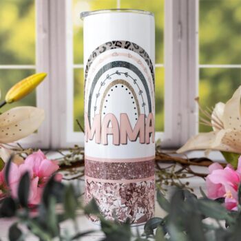 Kitchen View Rainbow Mama Skinny Tumbler by Emma K Designs Against a Rustic White Background