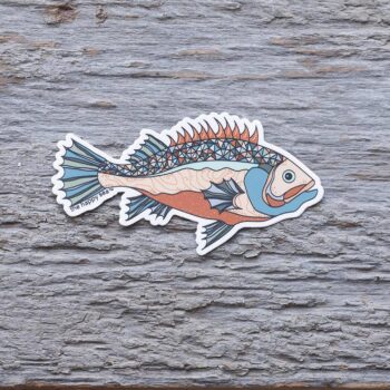 Colorful Grouper Die-Cut Vinyl Sticker by the Happy Sea on a Weathered Rustic Piece of Wood
