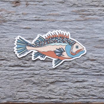 Colorful Grouper Die-Cut Vinyl Sticker by the Happy Sea on a Weathered Rustic Piece of Wood