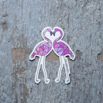 3" Die-Cut Flamingo Love Sticker by the Happy Sea Against a Rustic Wood Background