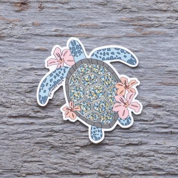 Colorful Sea Hibiscus & Sea Turtle Die-Cut Vinyl Sticker by the Happy Sea on a Weathered Rustic Piece of Wood