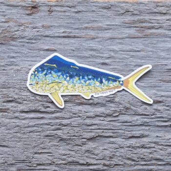 Colorful Mahi Die-Cut Vinyl Sticker by the Happy Sea on a Weathered Rustic Piece of Wood
