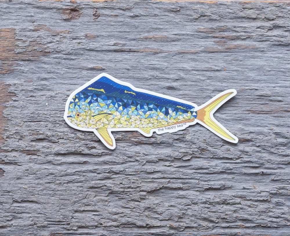 Colorful Mahi Die-Cut Vinyl Sticker by the Happy Sea on a Weathered Rustic Piece of Wood