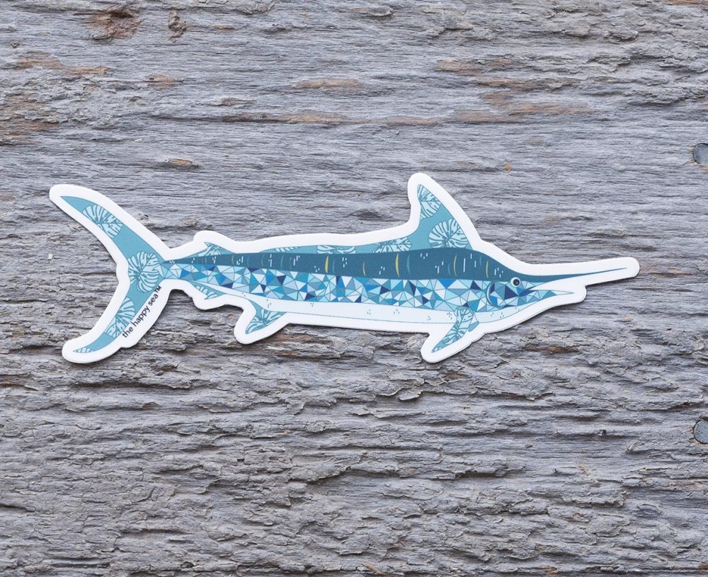Marlin Die-Cut Vinyl Sticker by the Happy Sea on a Weathered Rustic Piece of Wood