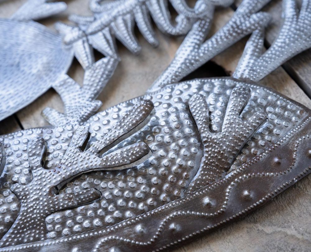 Closeup Detailed View of the Skeleton Fish by Papillon Marketplace on a Wood Background