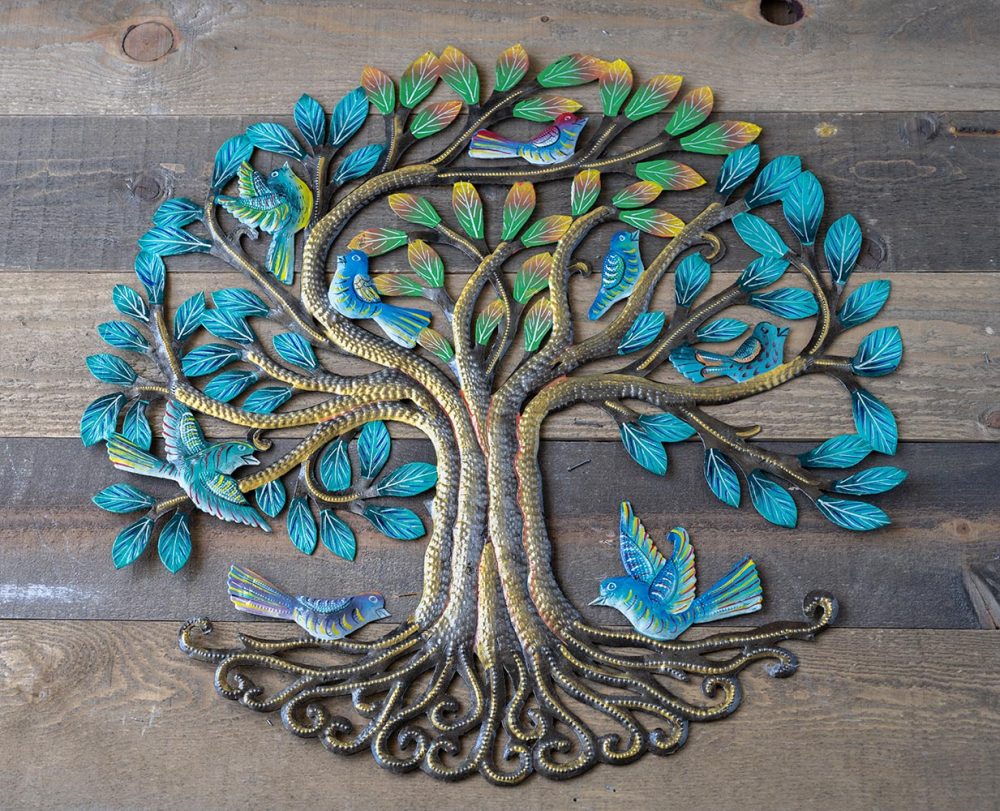 Top View of the colorful Mighty Tree Wall Piece by Papillon Marketplace on a Wood Background