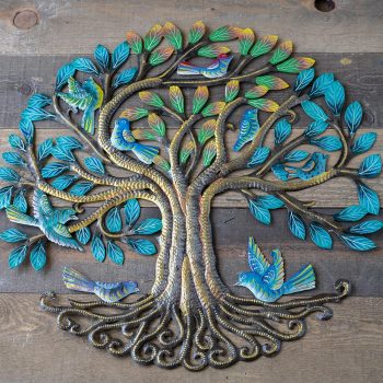 Top View of the colorful Mighty Tree Wall Piece by Papillon Marketplace on a Wood Background