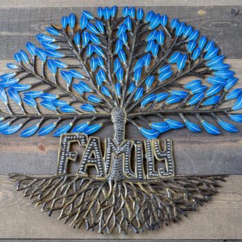 Top View of the Family Tree of Life Wall Piece from Papillon Marketplace on a Wood Background