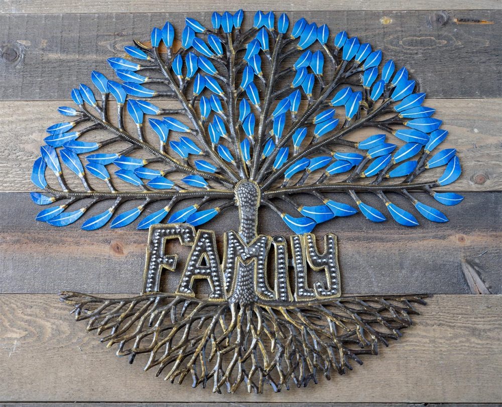 Top View of the Family Tree of Life Wall Piece from Papillon Marketplace on a Wood Background