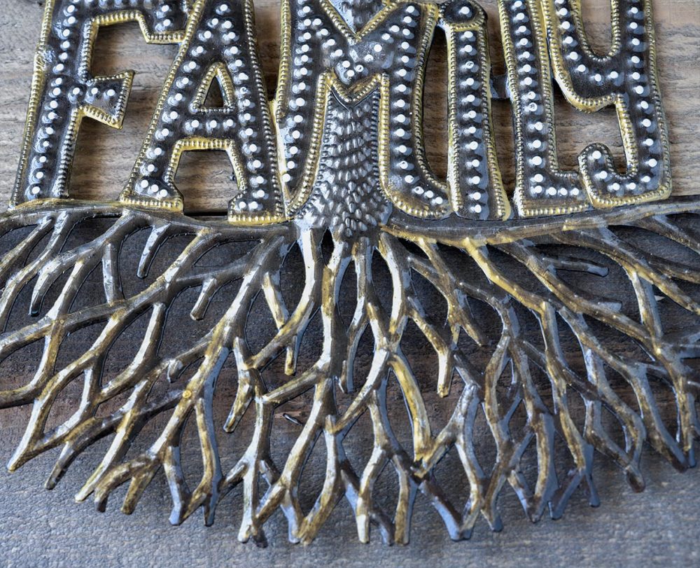 Middle Closeup Detailed View of the Family Tree of Life Wall Piece from Papillon Marketplace on a Wood Background