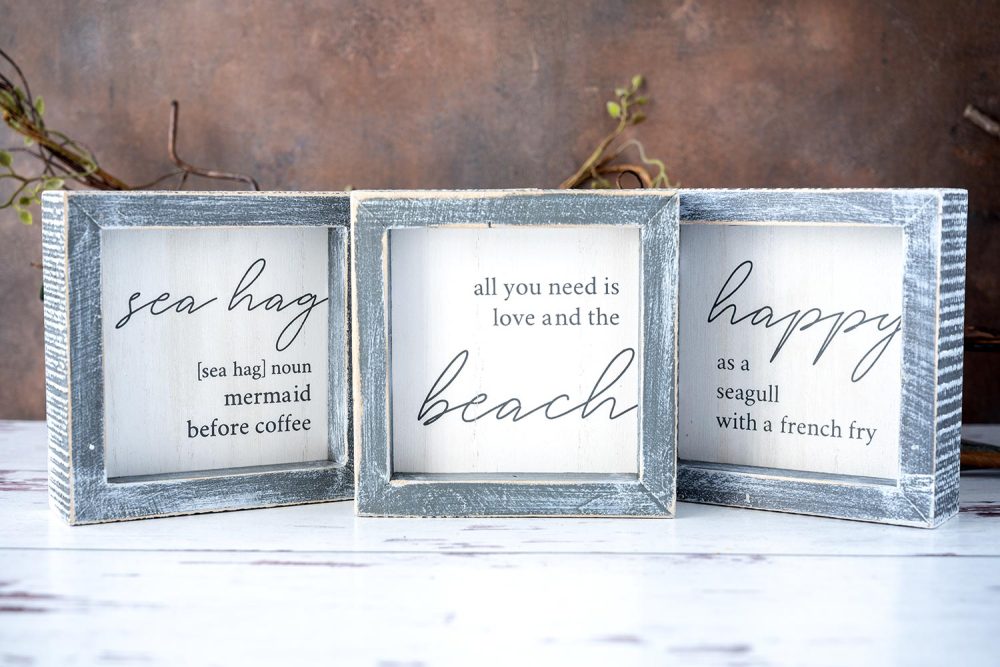 Sunsationsl Set Beach House Wood Sign Collection of (3) Beach House Wood Signs with Coastal and Beach vibe sayings on Rustic white wood top and background