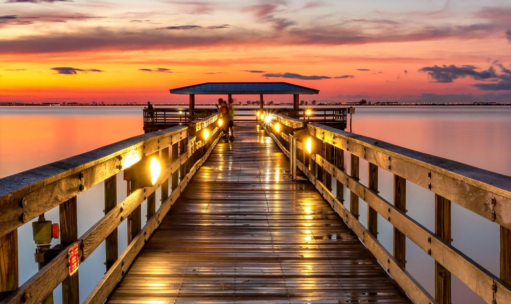 Center closeup of Welcome to Morning a Safety Harbor Pier sunrise photograph taken a few moments before sunrise with a colorful scene